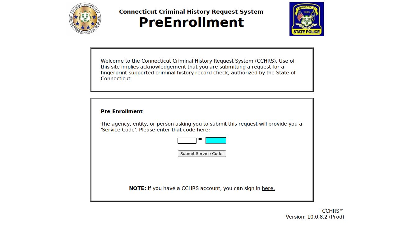West Hartford arrest history CCHRS state request interface