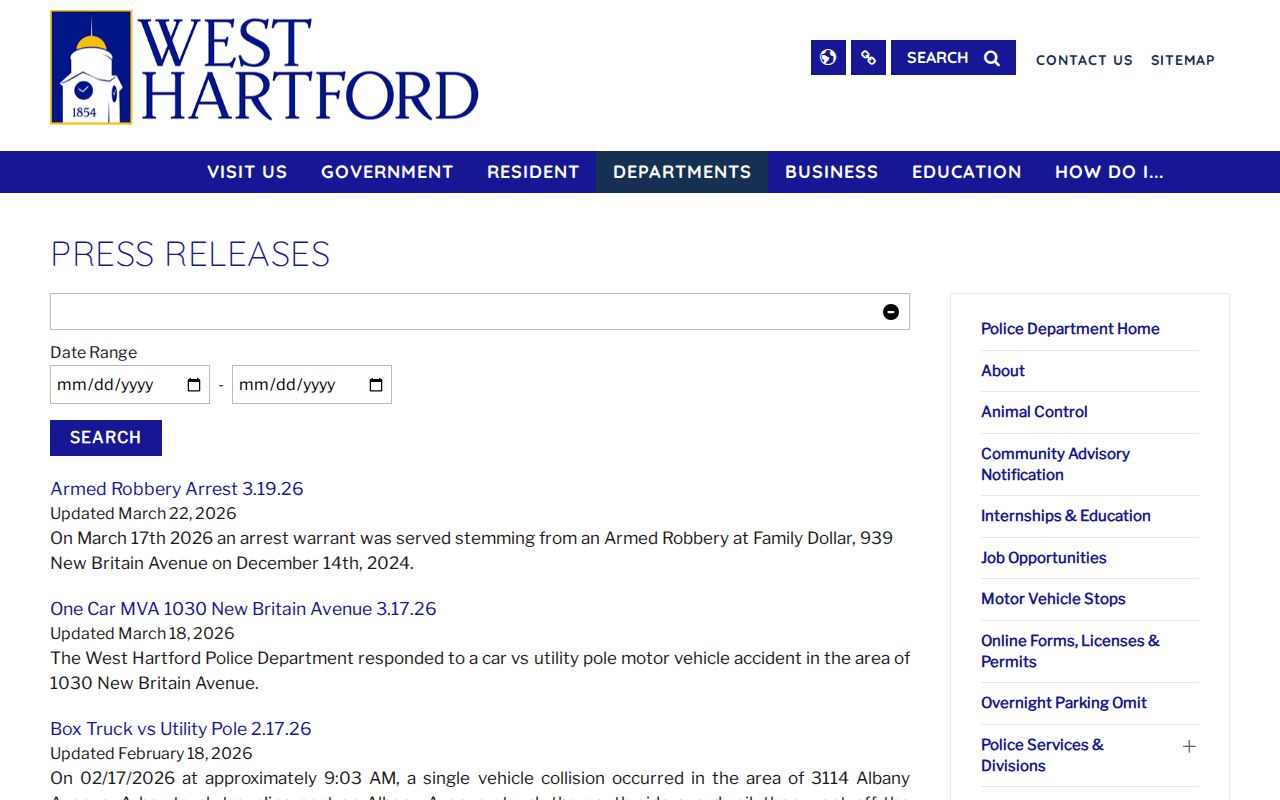 West Hartford arrest records official press release listing