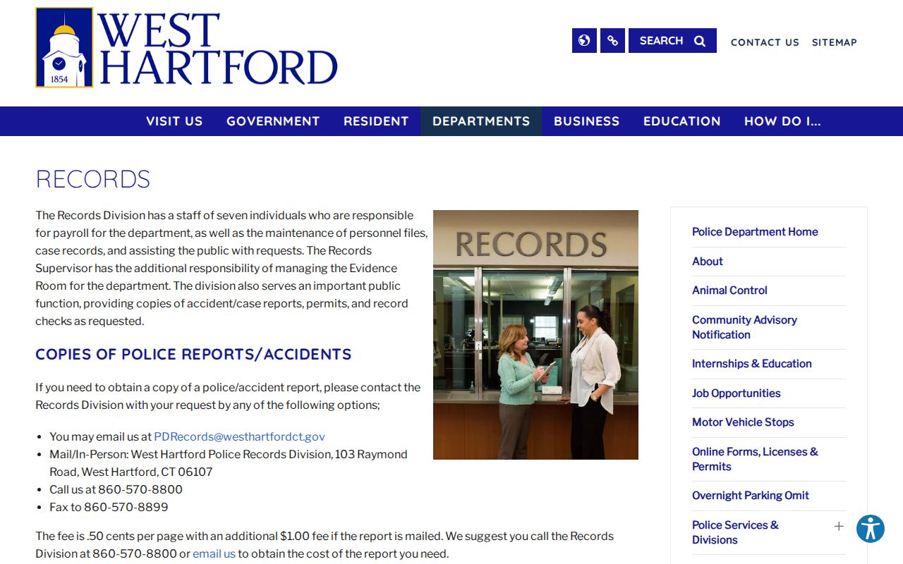 West Hartford arrest record request channels at WHPD