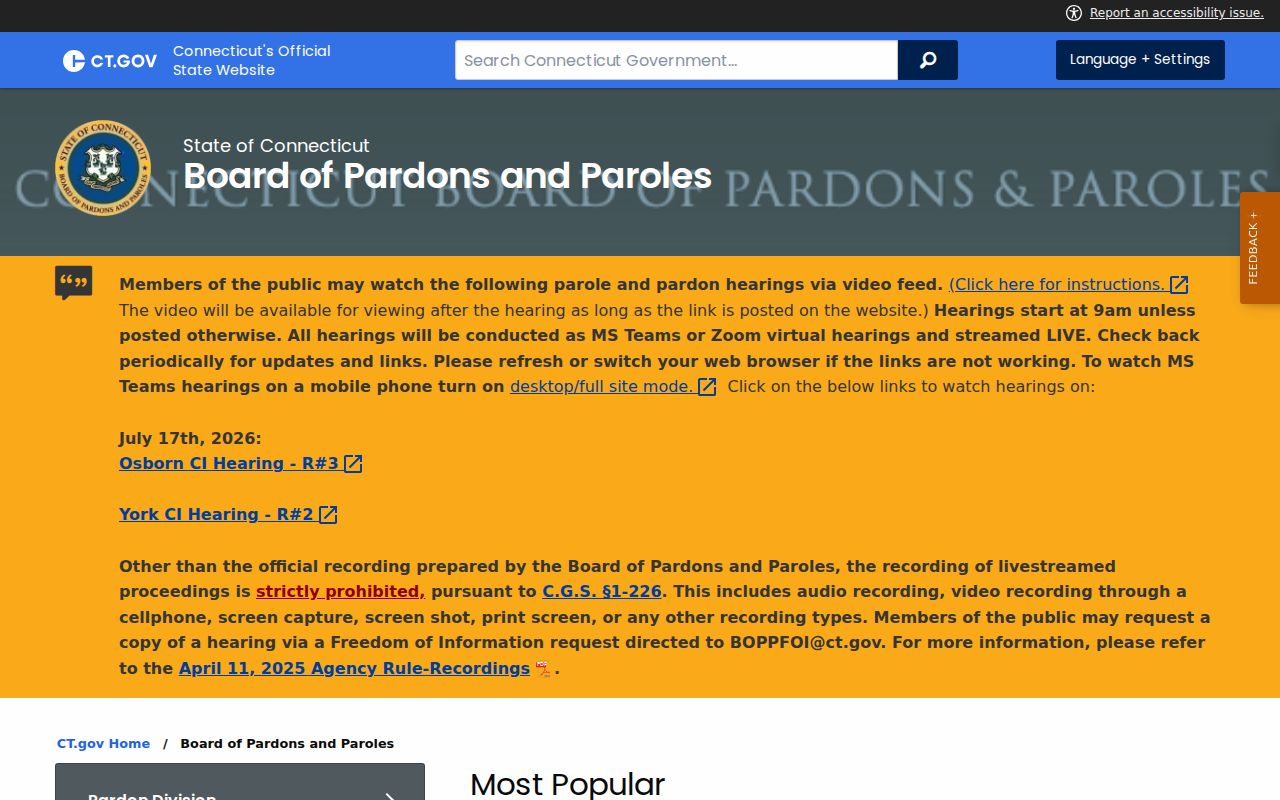 Connecticut Board of Pardons and Paroles official page