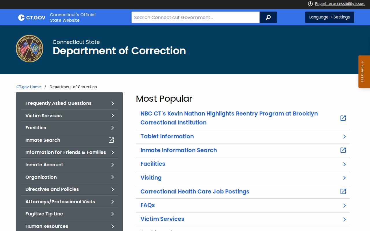 Connecticut Department of Correction public services page